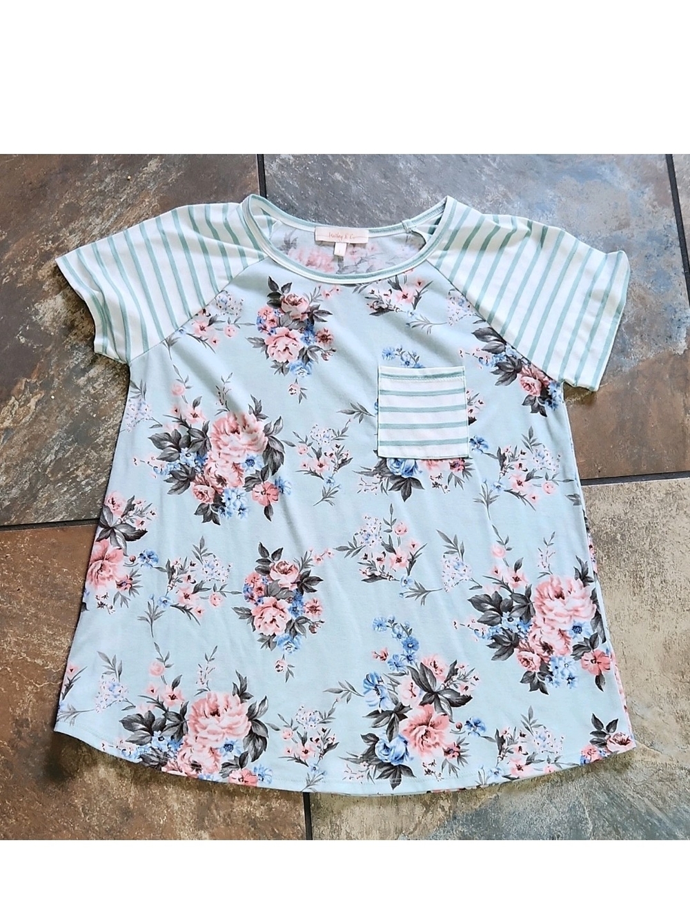Floral Stripe Raglan Tee - Light Blue with Pink Floral